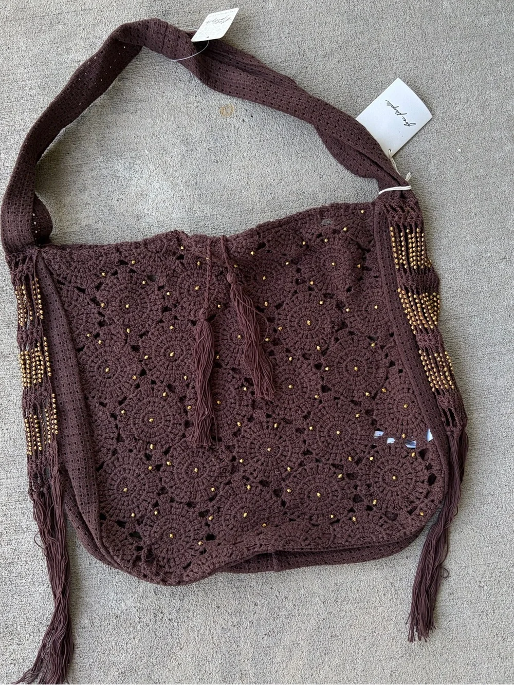 Free people sunrise to sunset crochet tote brown gold shoulder bag purse NWT